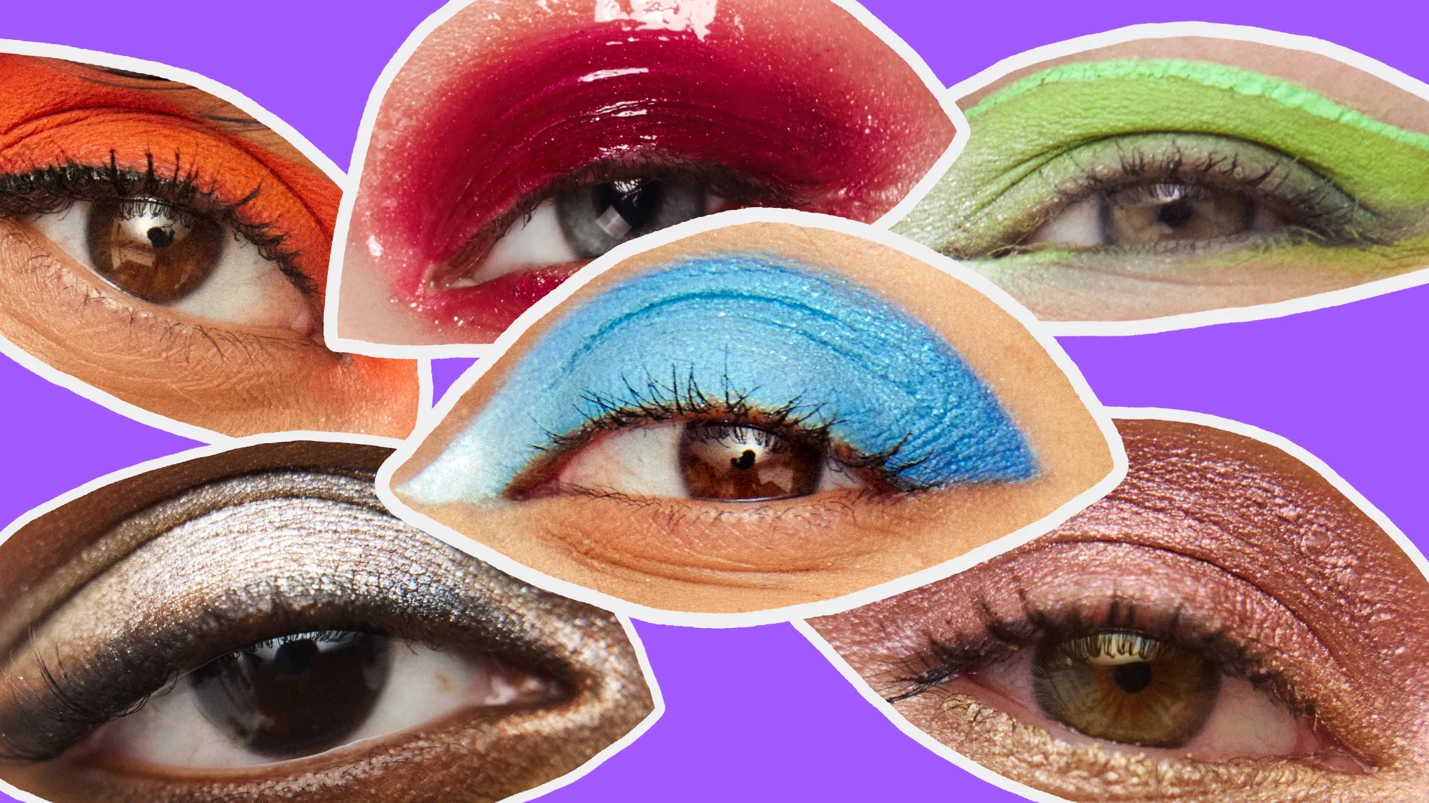 Urklippta närbilder på ögon och ögonmakeup i olika färger mot en lila bakgrund.