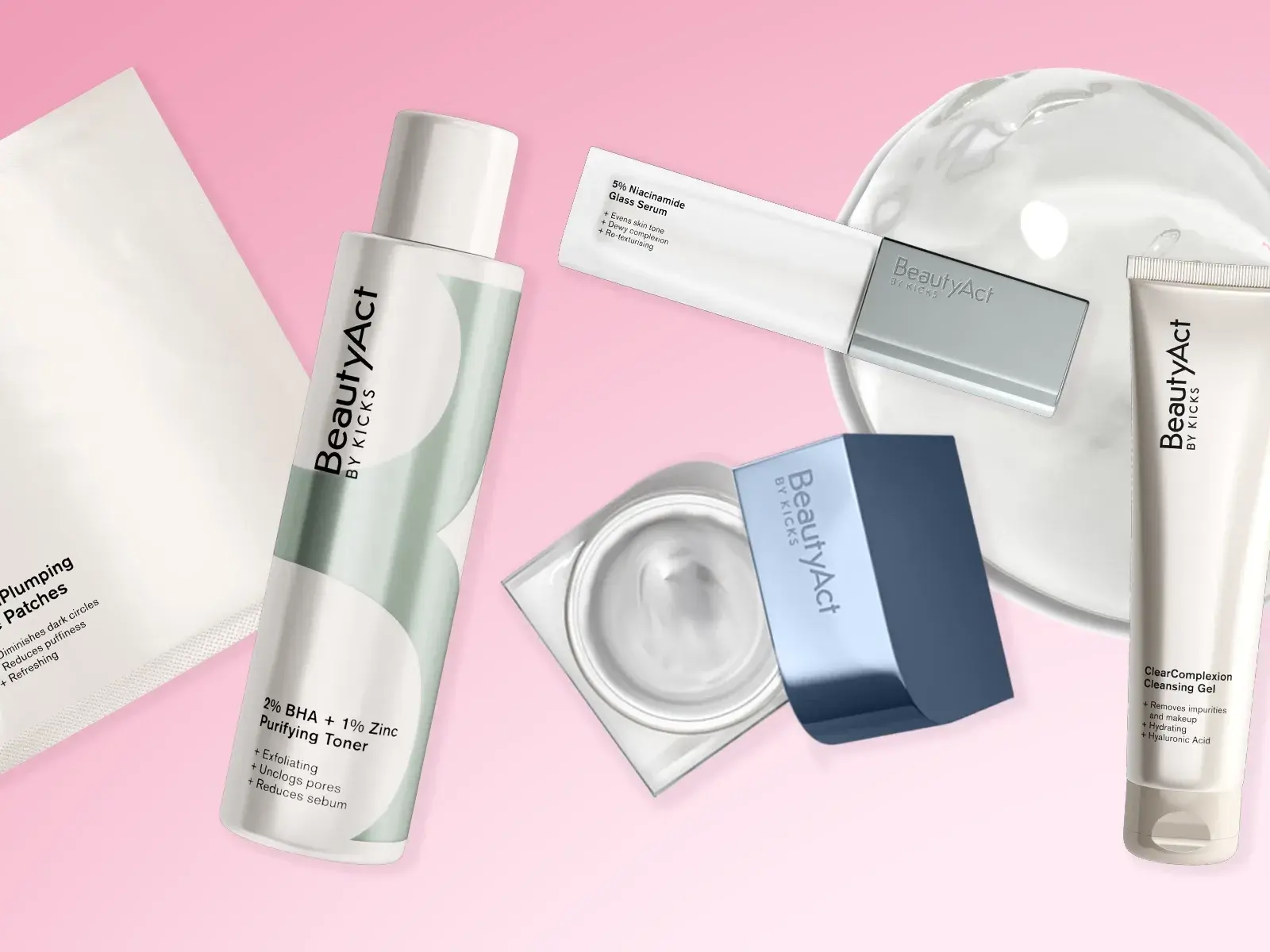 Beauty Act -tuotteet aseteltuna vaaleanpunaista taustaa vasten