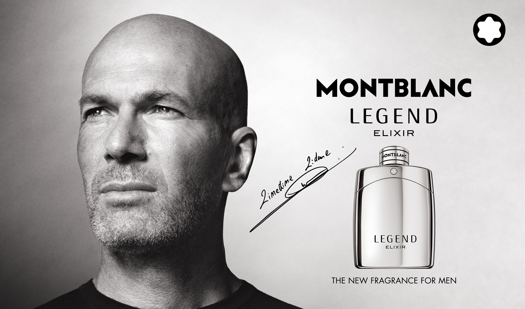 Mustavalkoinen kampanjakuva, jossa lähikuva kaljusta miehestä profiilissa ja Montblanc Legend Elixir -hajuvesipullo. Tekstit “MONTBLANC LEGEND ELIXIR” ja “THE NEW FRAGRANCE FOR MEN” näkyvät sekä käsinkirjoitettu allekirjoitus.
