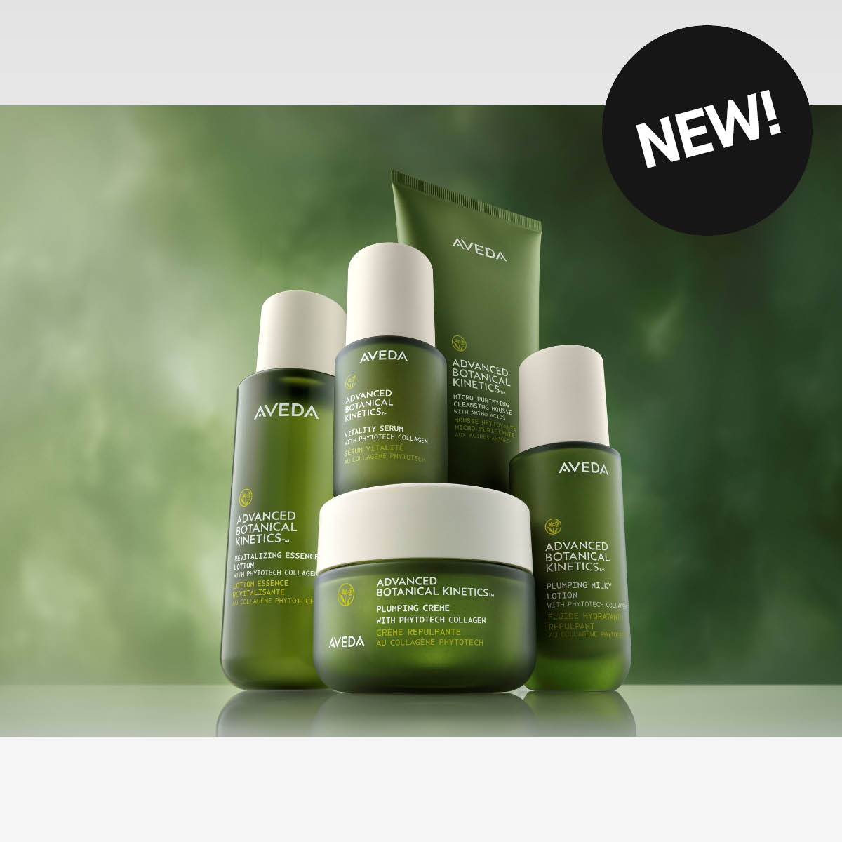 Aveda Advanced Botanical Kinetics-produkter i grønne beholdere, med teksten NEW!