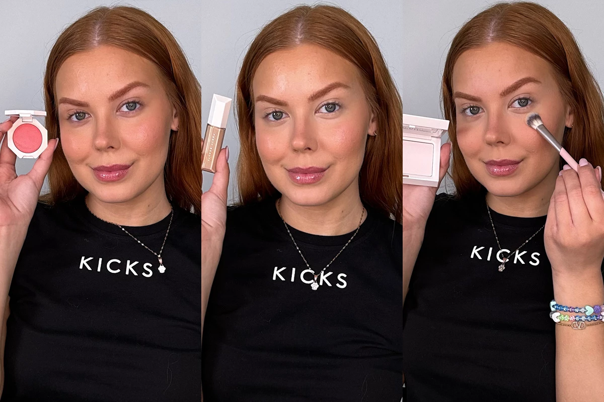 Tre bilder på en person med långt rött hår mot en grå bakgrund. På första bilden håller hon upp en röd sminkprodukt, på andra bilden håller hon upp en flaska med texten "FENTY BEAUTY", och på tredje bilden håller hon upp en öppen sminkpalett och en sminkborste.