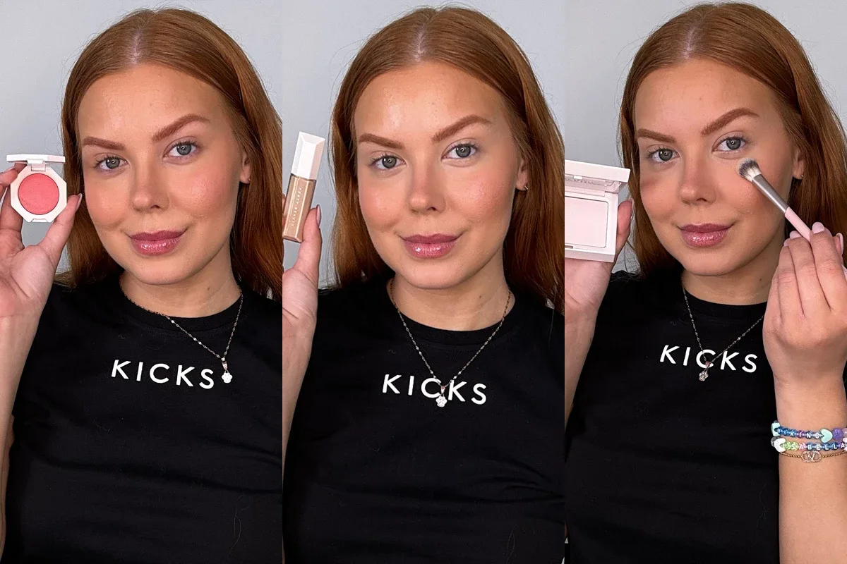 Tre bilder på en person med långt rött hår mot en grå bakgrund. På första bilden håller hon upp en röd sminkprodukt, på andra bilden håller hon upp en flaska med texten "FENTY BEAUTY", och på tredje bilden håller hon upp en öppen sminkpalett och en sminkborste.