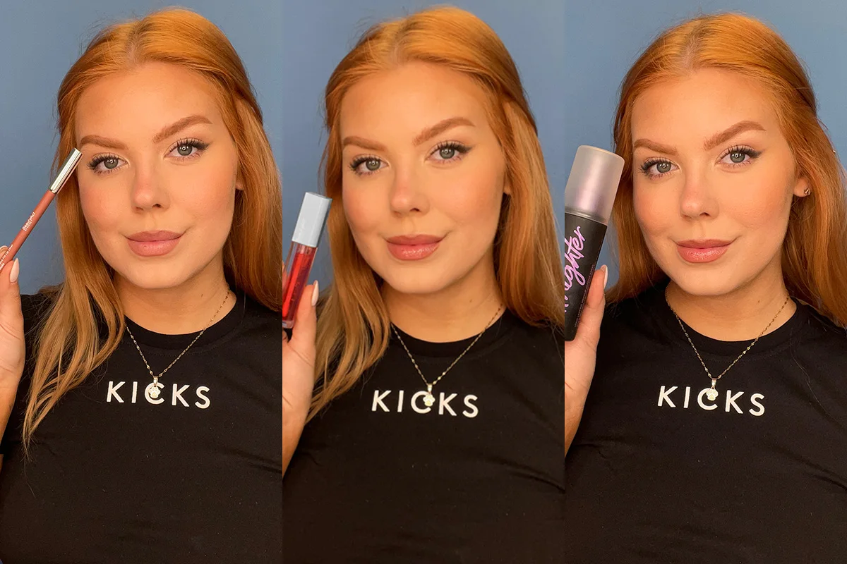  KICKS-medarbetare visar tre sista steg i sminkrutin – läppenna, läppglans och setting spray.