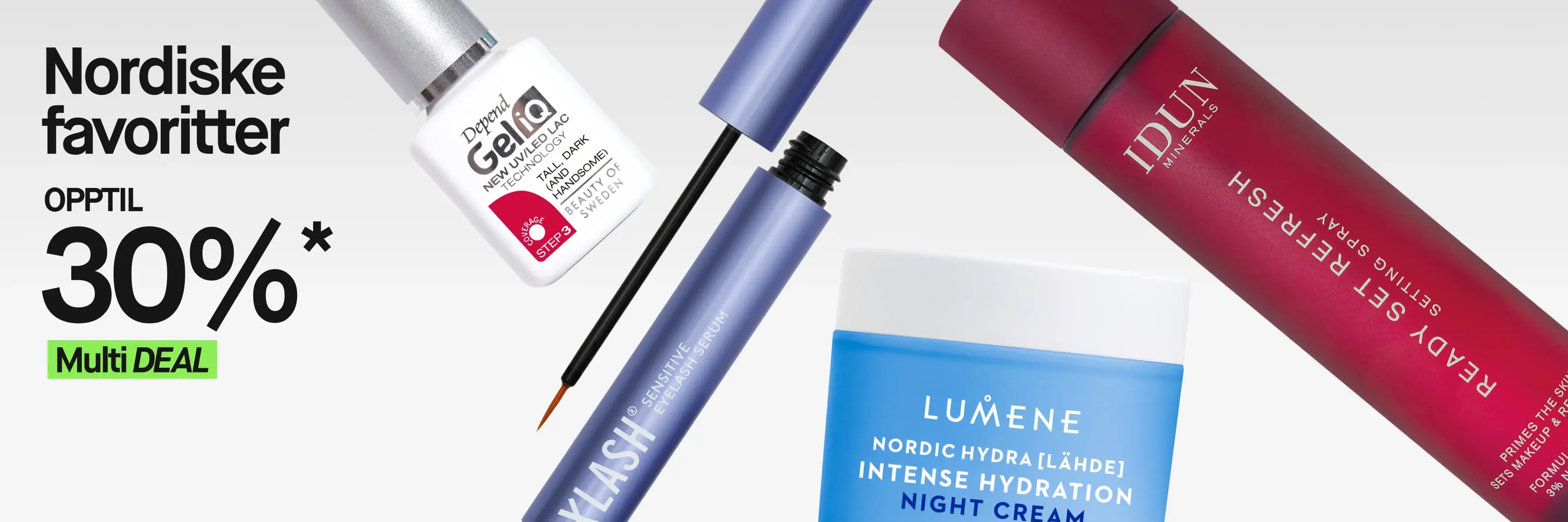 Nordiske favoritter Multi DEAL: Opptil 30% rabatt. Skjønnhetsprodukter som neglelakk, serum, fuktighetskrem og leirmaske.