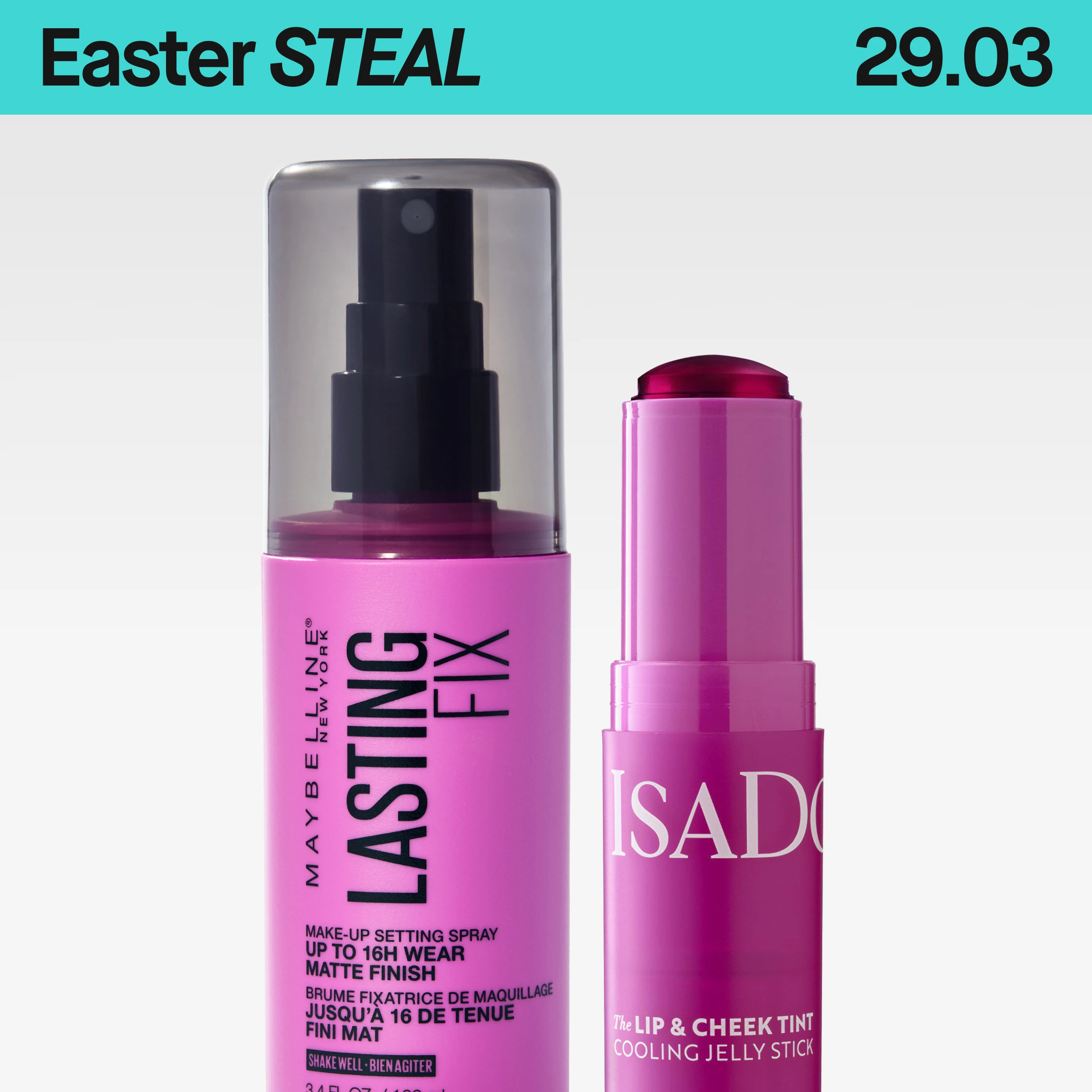 Produktbilde med rosa Maybelline Lasting Fix settingspray og IsaDora The Lip & Cheek Tint Cooling Jelly Stick mot lys bakgrunn.