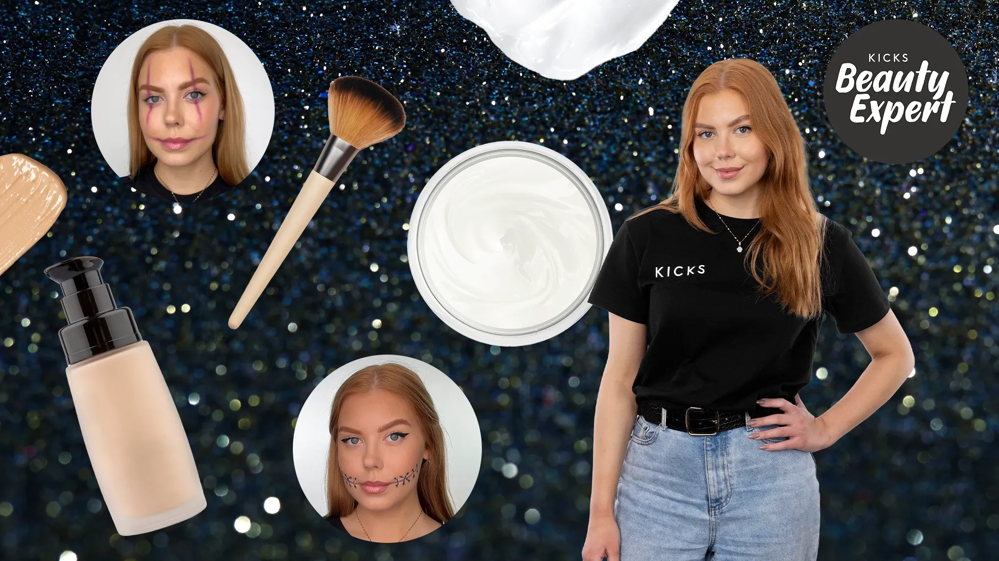 Nainen meikkituotteiden, -välineiden ja erilaisten meikkitulosten kuvien vieressä, yhdessä Kicks Beauty -asiantuntijalogon kanssa, tummaa ja kimaltelevaa taustaa vasten.