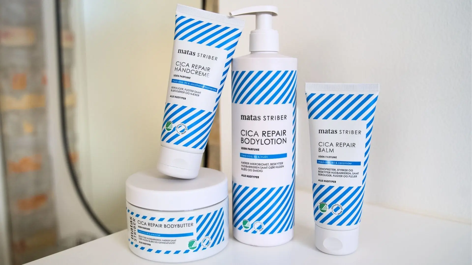 Fire Matas Striber Cica Repair produkter: håndcreme, bodylotion, bodybutter og balm.