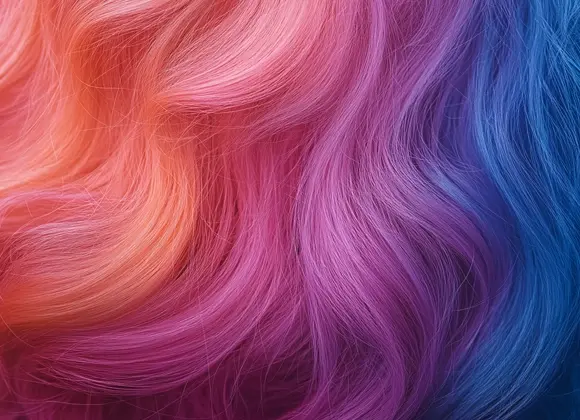 Närbild på långt, vågigt hår i olika färger, inklusive orange, rosa, lila och blått. Håret har en livfull och färgstark look.