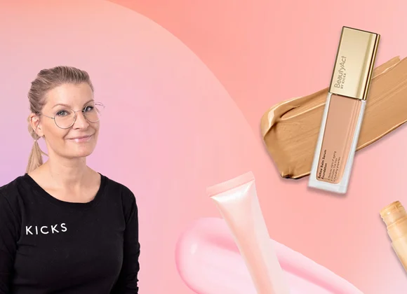 Makeupartist Åsa mot rosa tonad bakgrund och ett par hudvårdsprodukter i collageform.