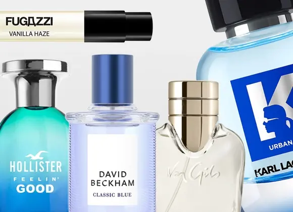 Fire parfymeflasker side om side: Hollister Feelin’ Good i turkis flaske, David Beckham Classic Blue i lyseblå flaske, Van Gils i transparent flaske med gullfarget kork og Karl Lagerfeld Urban Blue i lyseblå flaske. Øverst vises også teksten “FUGAZZI VANILLA HAZE”.