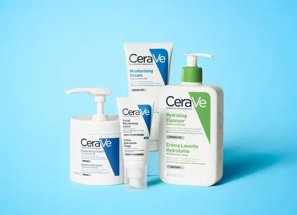 CeraVe hudvårdsprodukter mot en ljusblå bakgrund