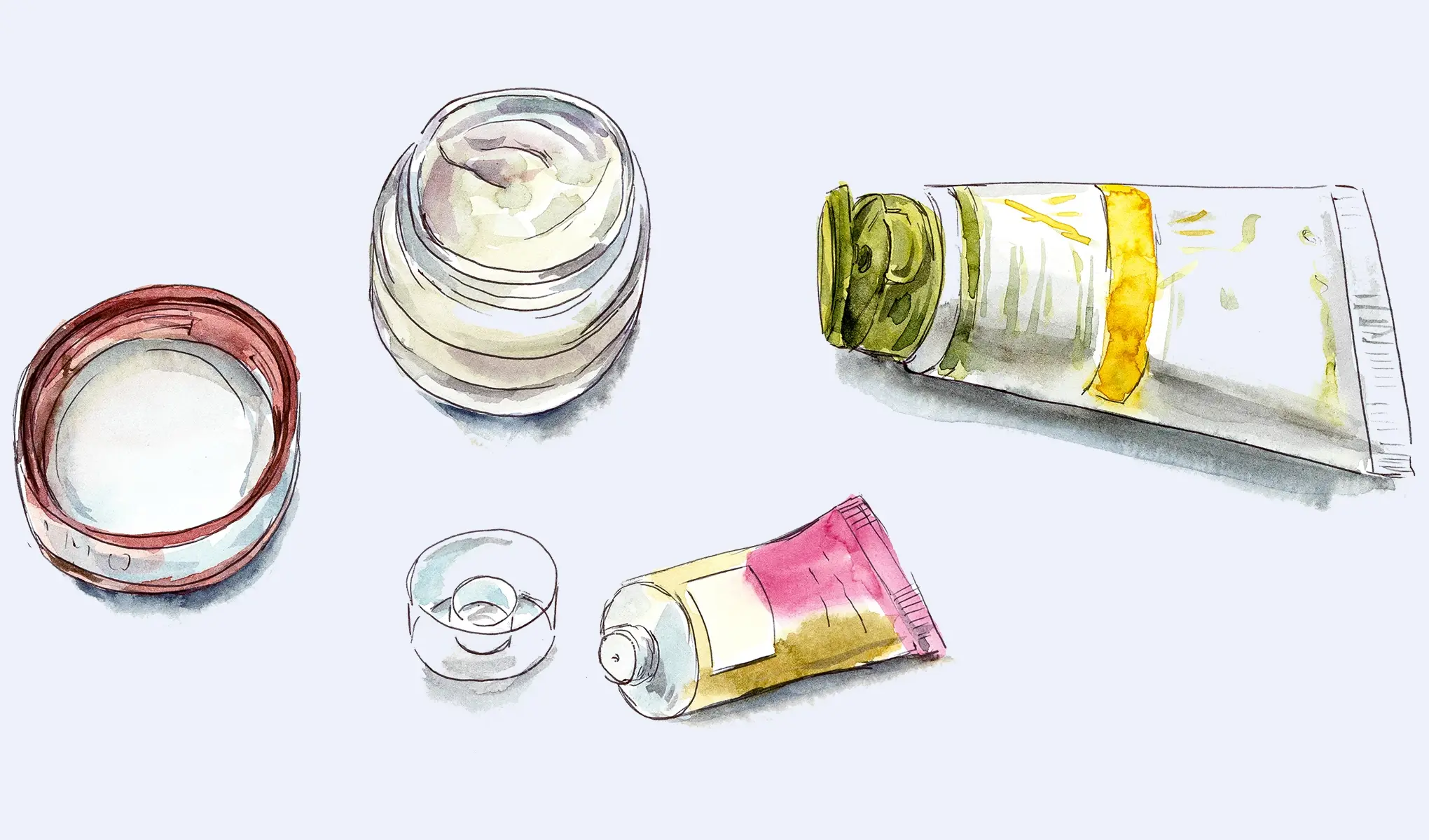 En illustration av olika kosmetiska produkter, inklusive en burk med kräm, en öppen burk, en liten tub och en större tub.