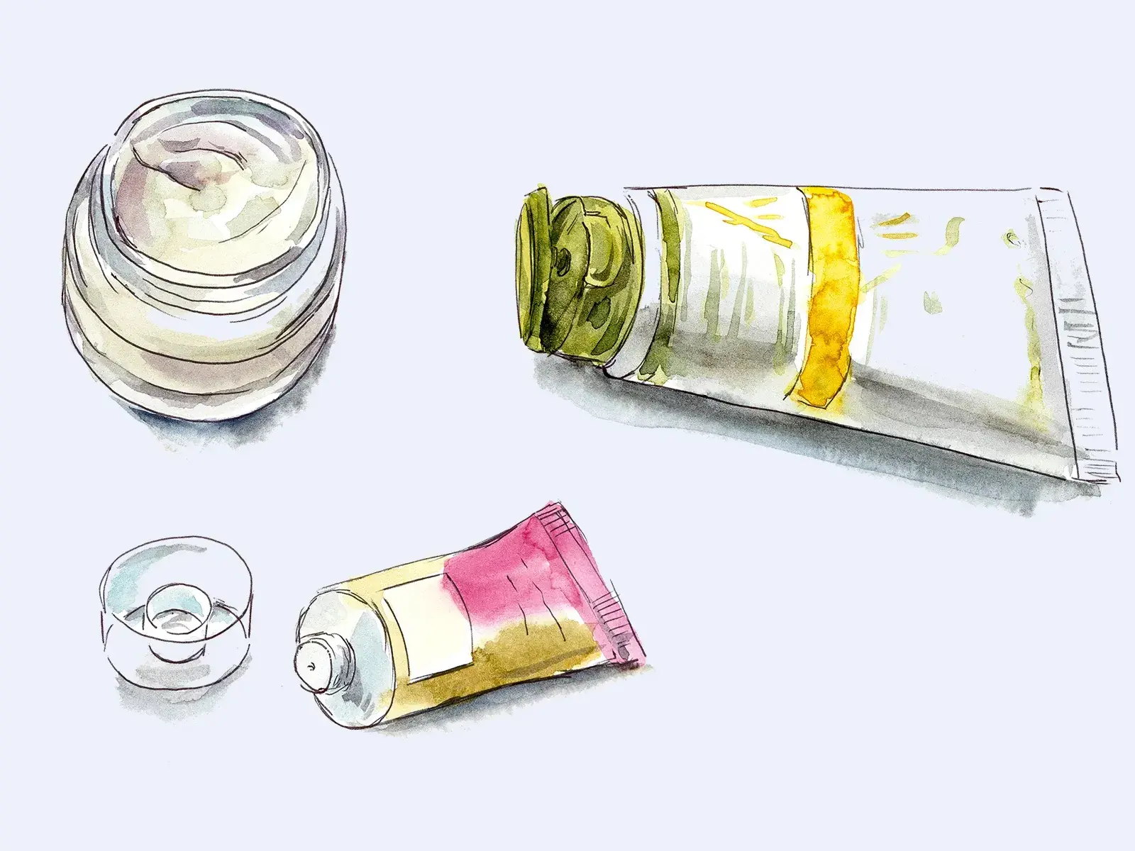 En illustrasjon av forskjellige kosmetiske produkter, inkludert en krukke med krem, en åpen krukke, en liten tube og en større tube.