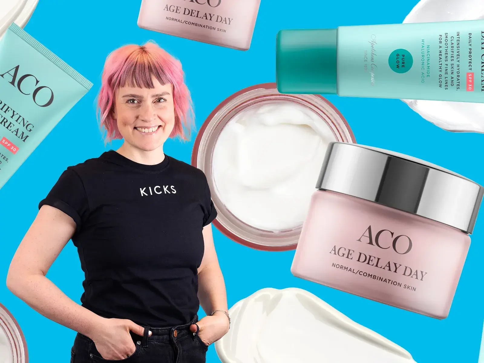 KICKS-medarbetare med rosa hår framför blå bakgrund omgiven av ACO-ansiktskrämer.