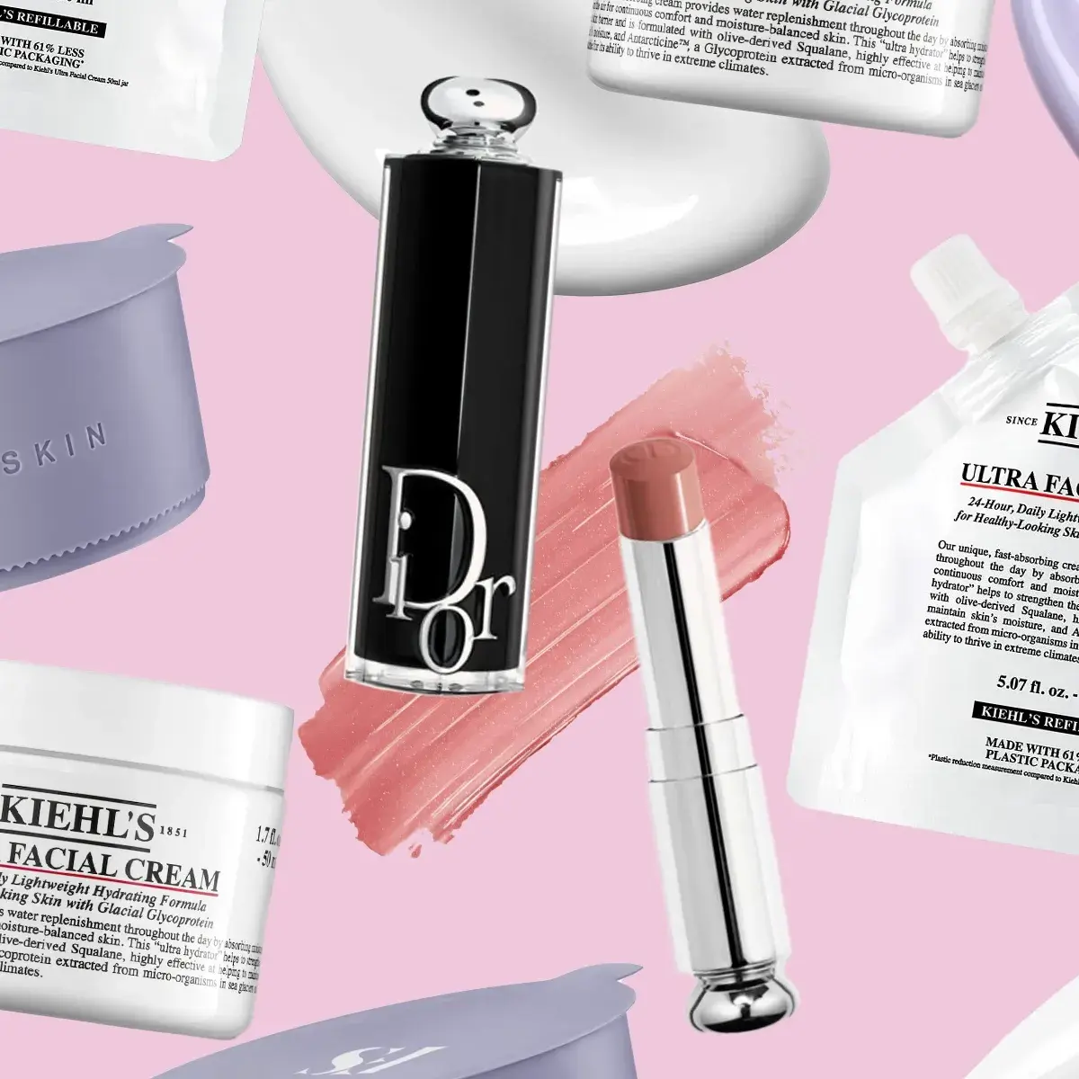 Hudvårds- och skönhetsprodukter från märken som Kiehl’s, Dior och Fenty Skin mot en rosa bakgrund.