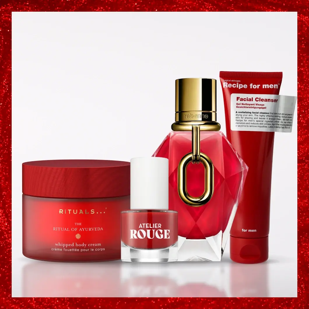 Röda skönhetsprodukter: Rituals kräm, Paco Rabanne parfym, Atelier Rouge nagellack, Recipe for men rengöring.