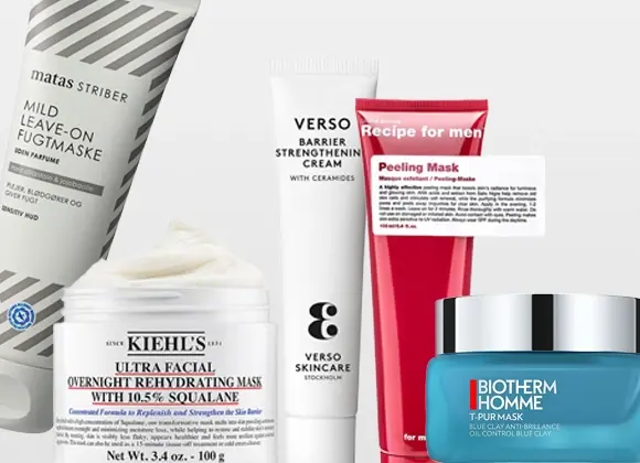Ihonhoitotuotteita yhdessä: Matas Striber Mild Leave-On Fugtmaske, Kiehl’s Ultra Facial Overnight Rehydrating Mask with 10.5% Squalane purkissa, Verso Skincare Barrier Strengthening Cream ceramideilla, Recipe for men Peeling Mask sekä Biotherm Homme T-Pur Mask Blue Clay Oil Control Blue Clay.