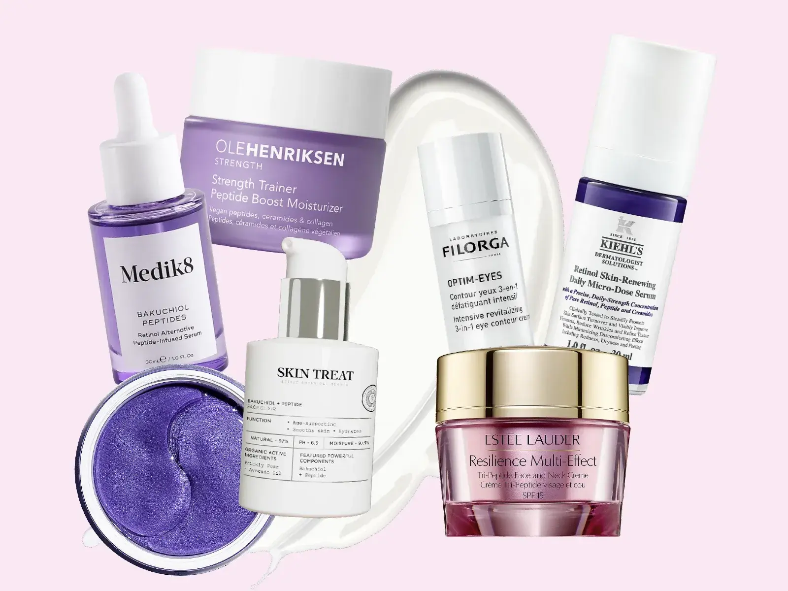 Erilaisia peptidiä sisältäviä ihonhoitotuotteita merkeiltä kuten Medik8, Ole Henriksen, Filorga, Kiehl’s, Skin Treat ja Estée Lauder