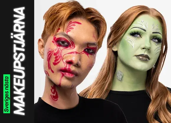 Sammansatt bild med två personer: den ena med röd konstnärlig ansiktsmålning och dramatisk ögonmakeup, den andra med grön sci-fi-inspirerad makeup med vita linjer och kristaller samt metalliska läppar, vilket lyfter två kreativa makeupstilar.