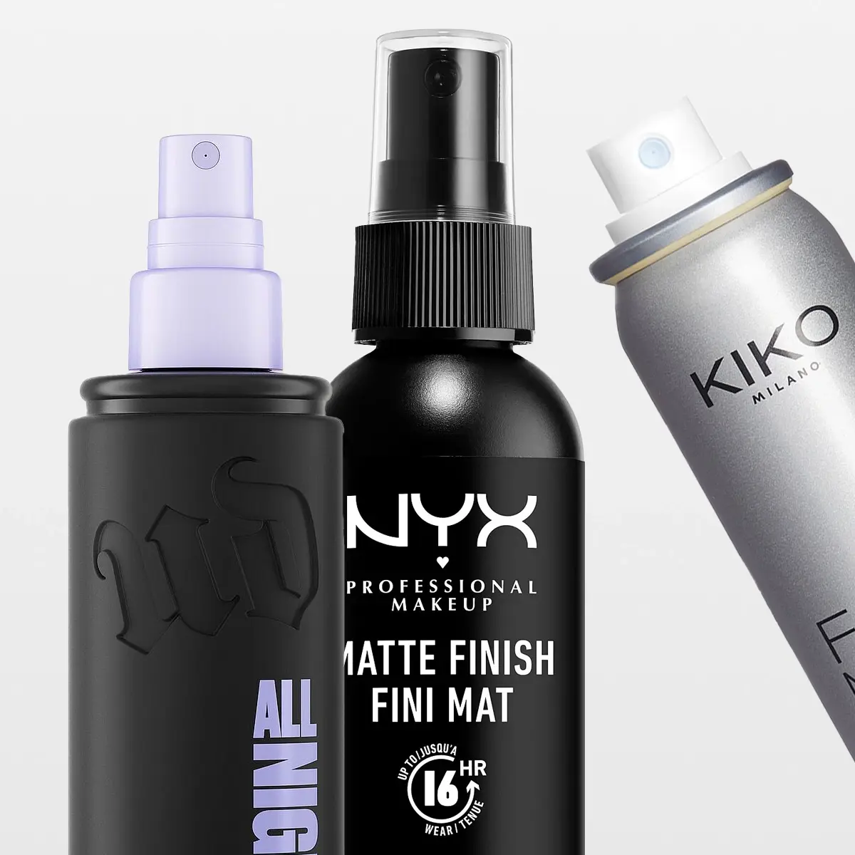 Tre sminkfixeringssprayer: Urban Decay, NYX Professional Makeup Matte Finish och Kiko Milano.