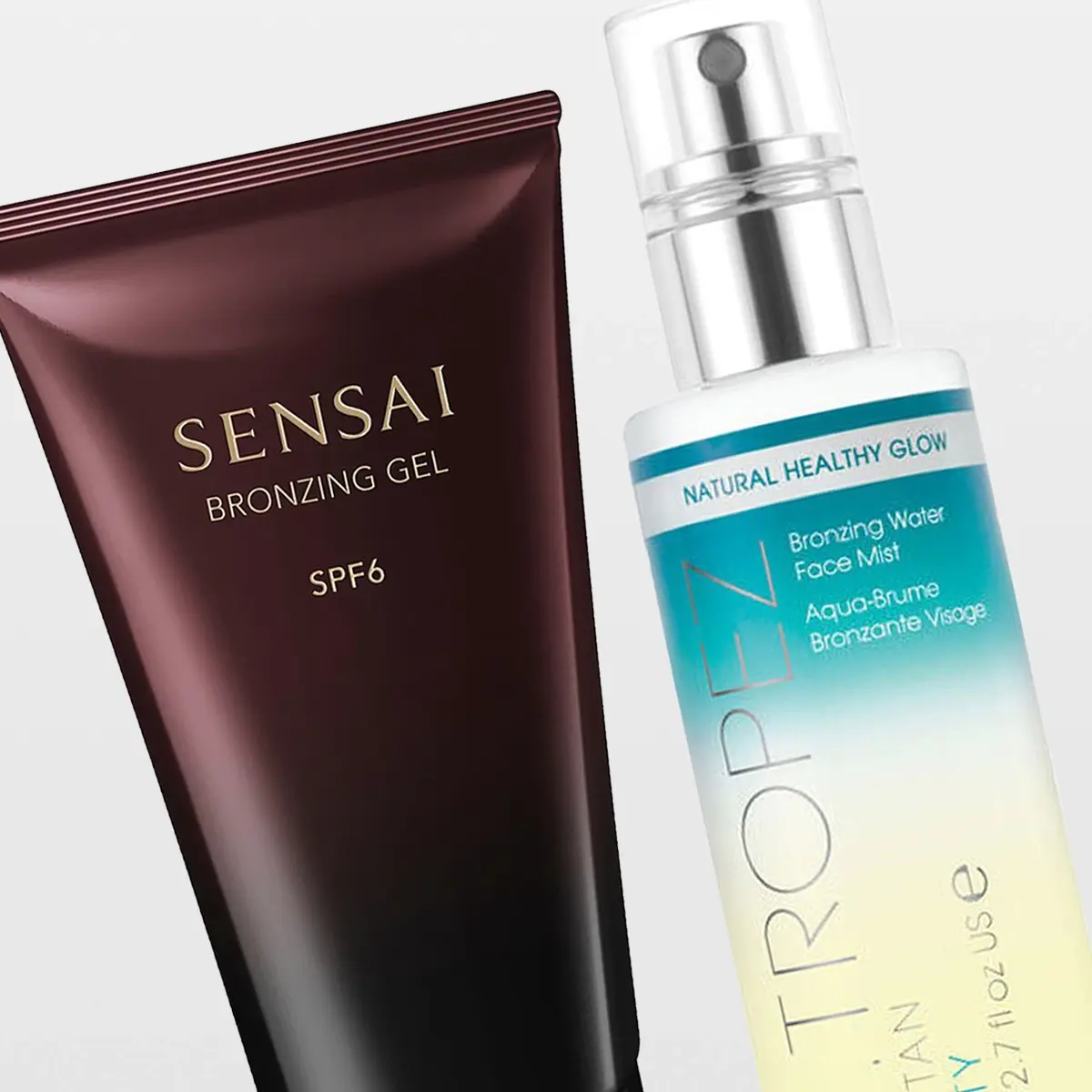 SENSAI Bronzing Gel SPF6 och St.Tropez Self Tan Purity Bronzing Water Face Mist visas mot ljusgrå bakgrund. På flaskan syns texterna “Natural Healthy Glow”, “Bronzing Water Face Mist” och “Self Tan Purity”, produkter för brun-utan-sol och solkysst lyster.