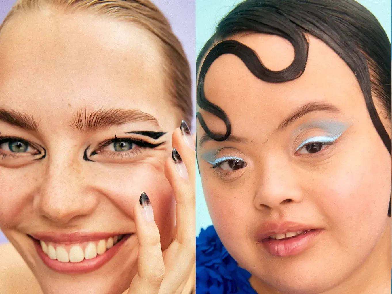 To personer med forskjellig øyensminke. Den første personen har en naturlig look med subtil øyenskygge og mascara. Den andre personen har en mer dramatisk øyensminke med mørkere øyenskygge og markert eyeliner.