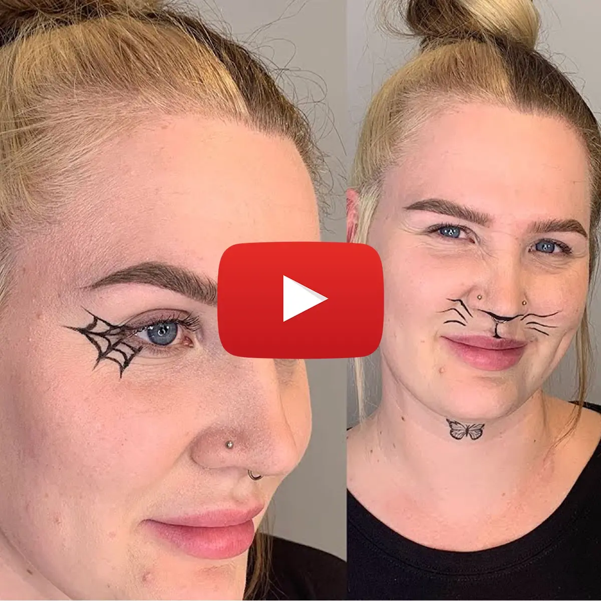 Bild på kvinna i två olika sminkningar gjorda med eyeliner. En sminkning är clown och den andra är katt.
