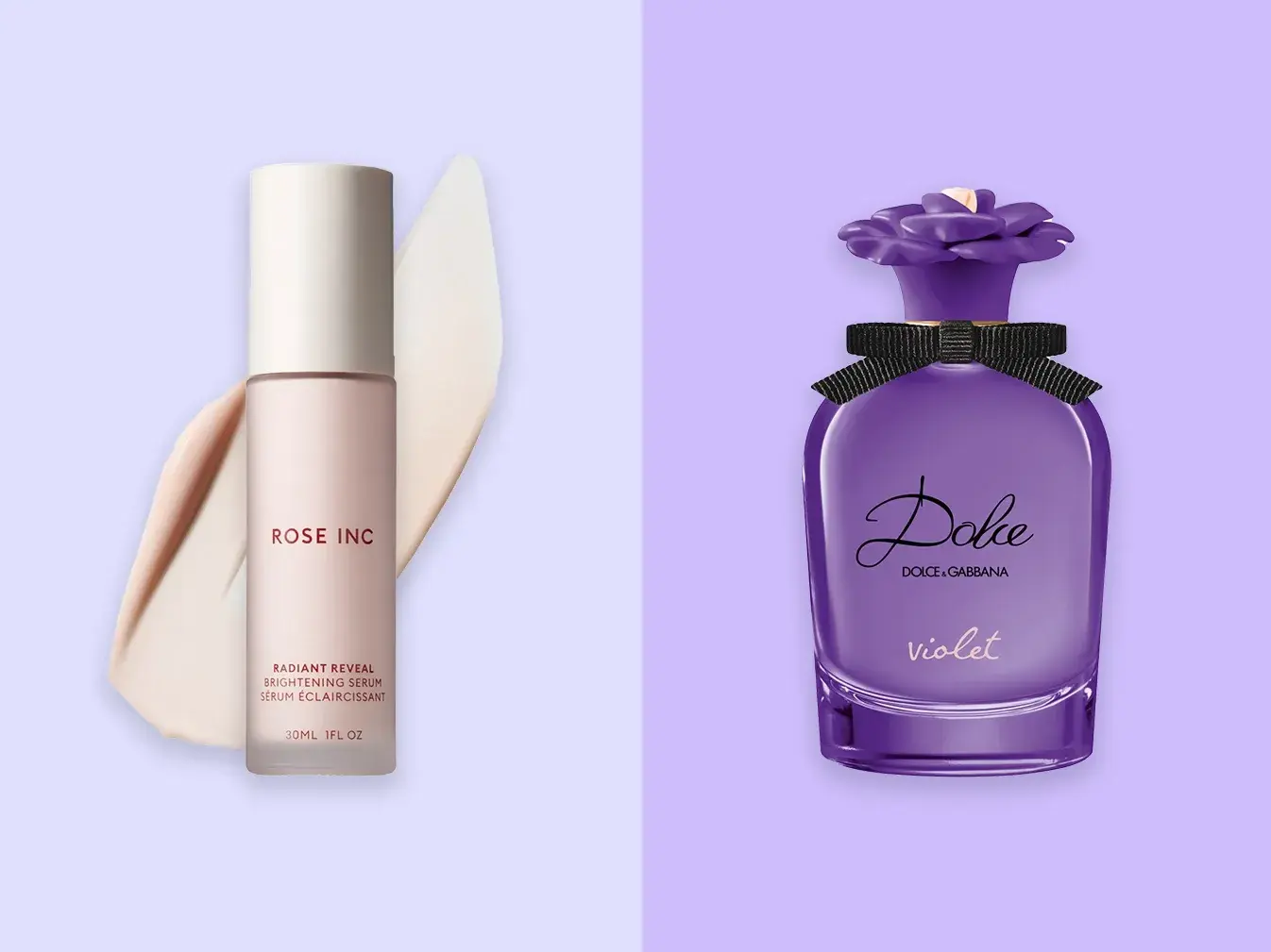 Rose Inc Radiant Reveal Brightening Serum, Dolce & Gabbana Violet parfyme mot en lilla bakgrunn.