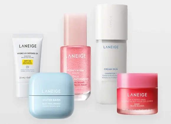 Tuotekuva, jossa useita Laneige-ihonhoitotuotteita vaaleaa taustaa vasten. Kuvassa näkyy valkoinen tuubi, jossa teksti “Laneige Hydro UV Defense EX SPF 50”, vaaleansininen purkki, jossa teksti “Laneige Water Bank Blue Hyaluronic Cream Moisturizer”, vaaleanpunainen pullo, jossa teksti “Laneige Bouncy & Firm Serum”, valkoinen pullo, jossa teksti “Laneige Cream Skin Cerapeptide Toner & Moisturizer”, sekä vaaleanpunainen purkki, jossa teksti “Laneige Lip Sleeping Mask Berry”.