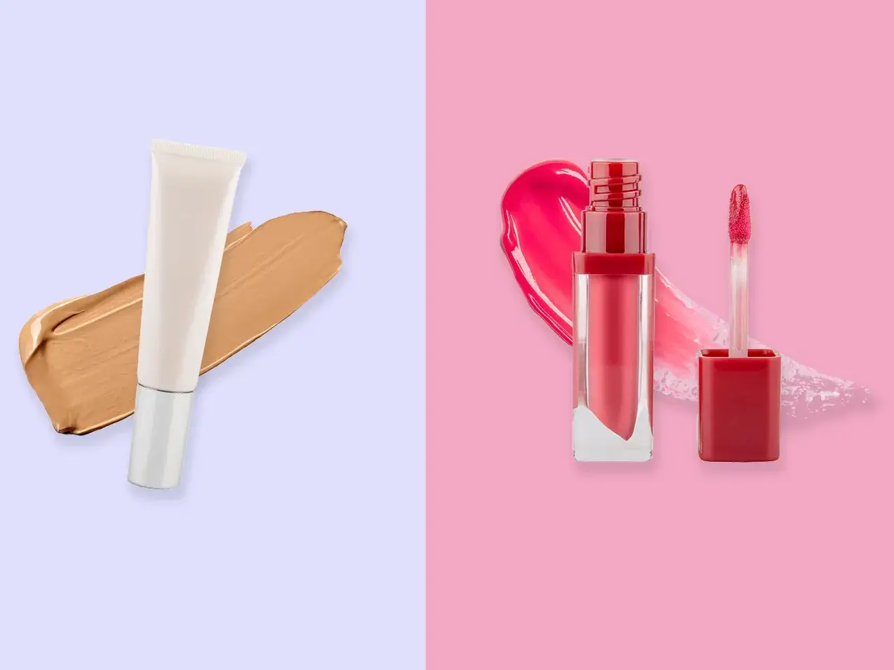 Foundation i tub med beige nyans på ljuslila bakgrund och flytande läppfärg i rosa nyans med applikator på rosa bakgrund.