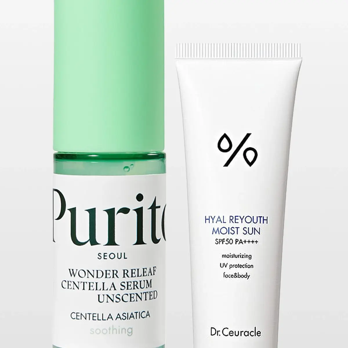 Kaksi Purito Seoul- ja Dr. Ceuracle -ihonhoitotuotetta vaaleaa taustaa vasten. Pakkauksissa näkyvät tekstit “Purito Seoul Wonder Releaf Centella Serum Unscented”, “Centella Asiatica”, “soothing”, “Hyal Reyouth Moist Sun SPF50 PA++++”, “moisturizing”, “UV protection” ja “face&body”.
