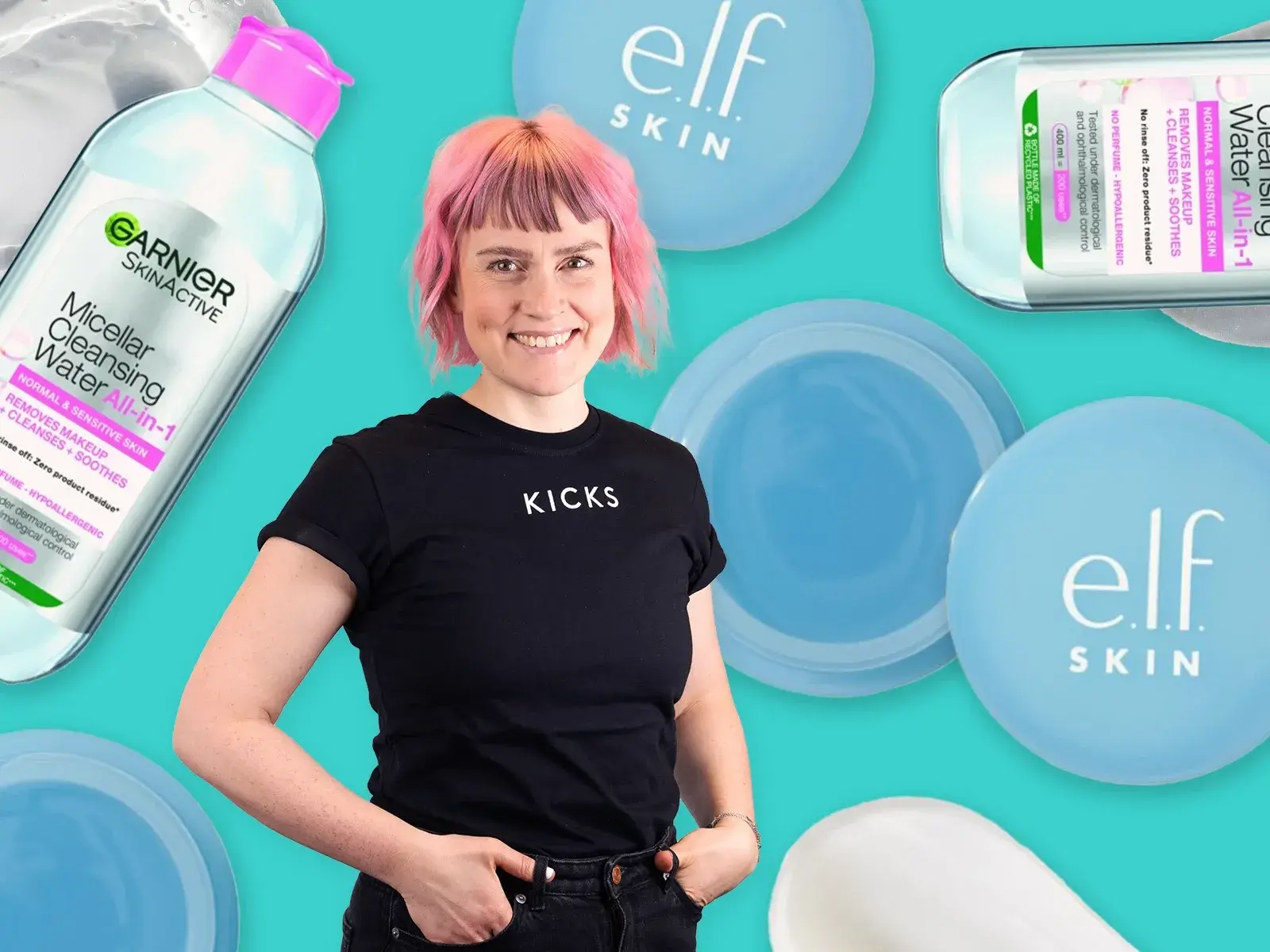 En person med rosa hår och en svart t-shirt med texten "KICKS" står framför en bakgrund med produkter från Garnier och e.l.f. Skin.