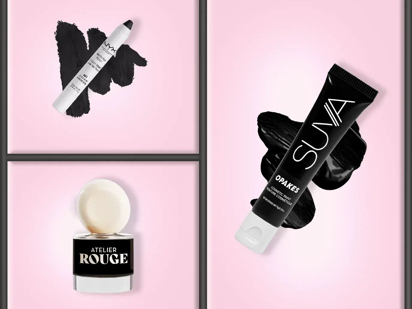  Tre svarte sminkeprodukter på rosa bakgrunn – kajal, kremøyenskygge og fargetube.
