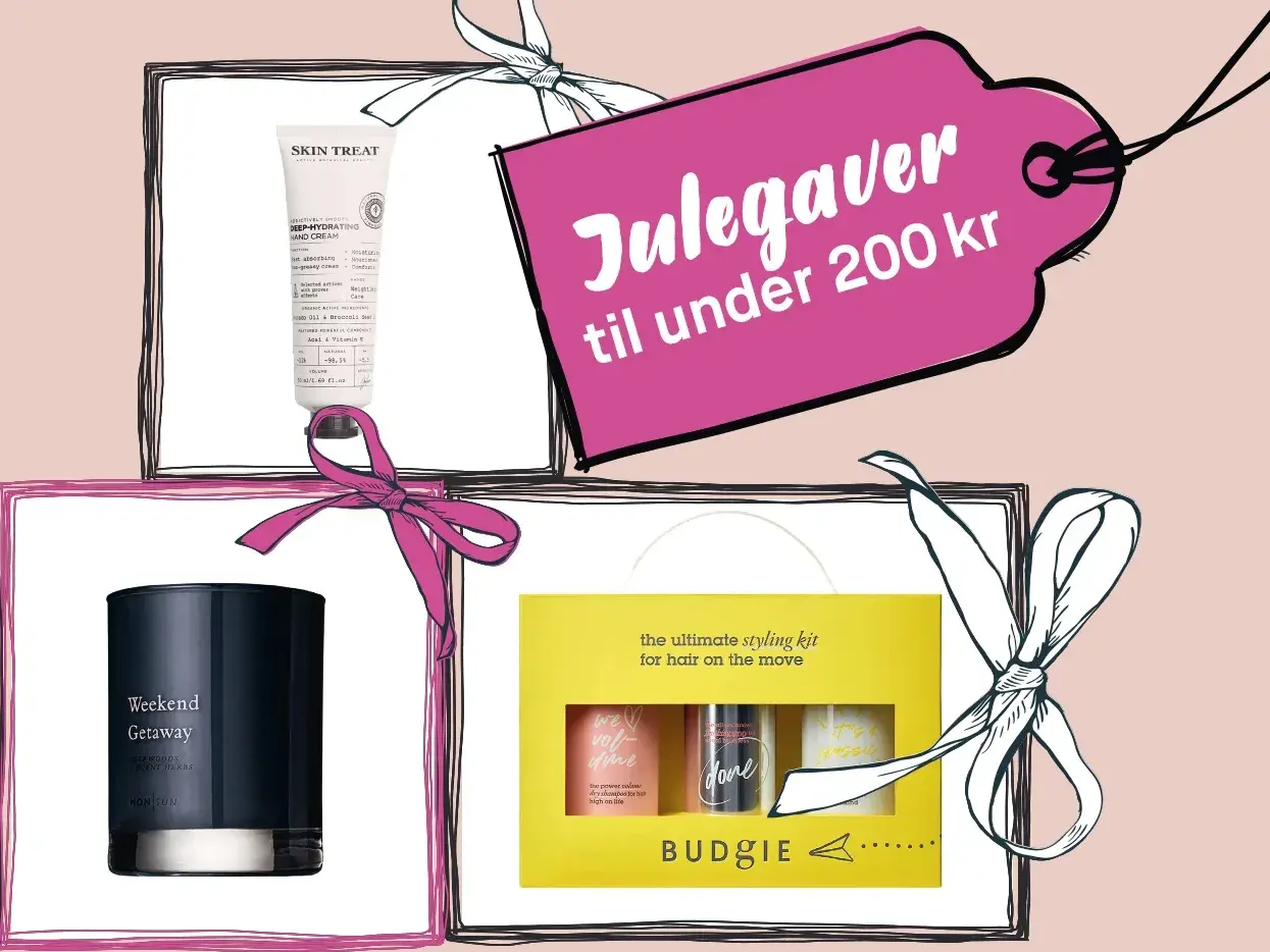 Illustrasjon av julegavetips med skjønnhetsprodukter under 200 kr, innrammet som gaver med sløyfer og en prislapp med teksten "Julegaver til under 200 kr".