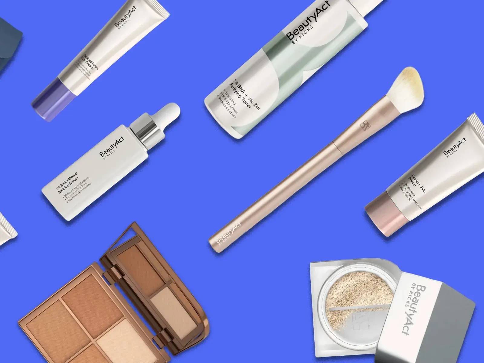 Kokoelma BeautyAct by Kicks -kauneustuotteita, mukaan lukien voiteet, seerumit, kasvovesi, meikkisivellin ja paletti, sinistä taustaa vasten.