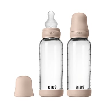BIBS Glass Baby Bottle Round Silicone 2-Pak Blush 240 ml Medium Flow