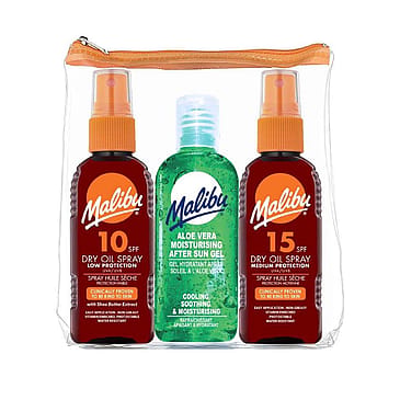 Malibu Travel Essentials, Dry Oil Sprays and Soothing Aloe Vera Aftersun Gel, Medi 3 x 100 ml