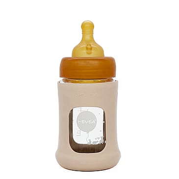 HEVEA Wide Neck Baby Glass Bottle with Sleeve 150ml/5oz Single-Pack (Sand)