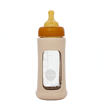 HEVEA Wide Neck Baby Glass Bottle with Sleeve 250ml/8.5oz Single-Pack (Sand)