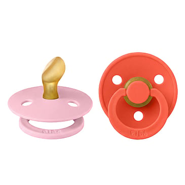 BIBS Pacifier Colour 2 pk Anatomical Latex Size 1  Baby Pink/Tango