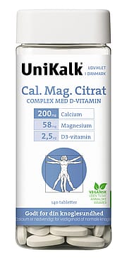 Unikalk Cal. Mag Citrat - Kalk 200 mg, Magnesium 58 mg og D-vitamin 2,5 µg 140 stk