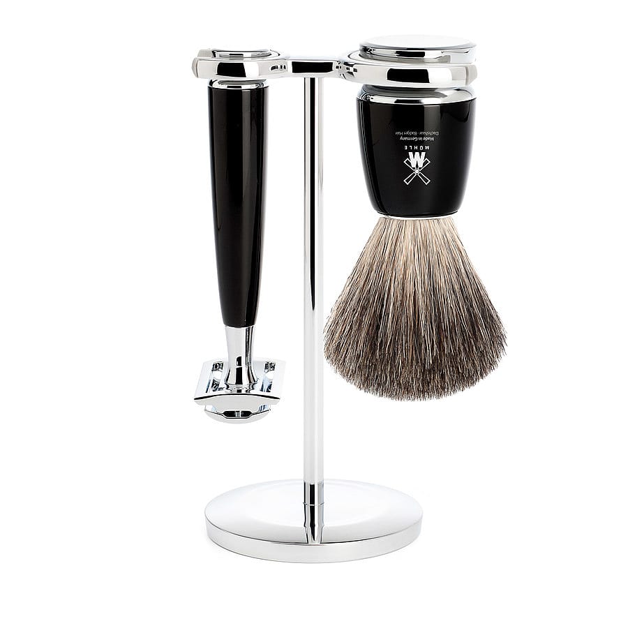 Mühle Shaving Mühle Barbersæt med DE-Skraber, holder, kost SORT Sort