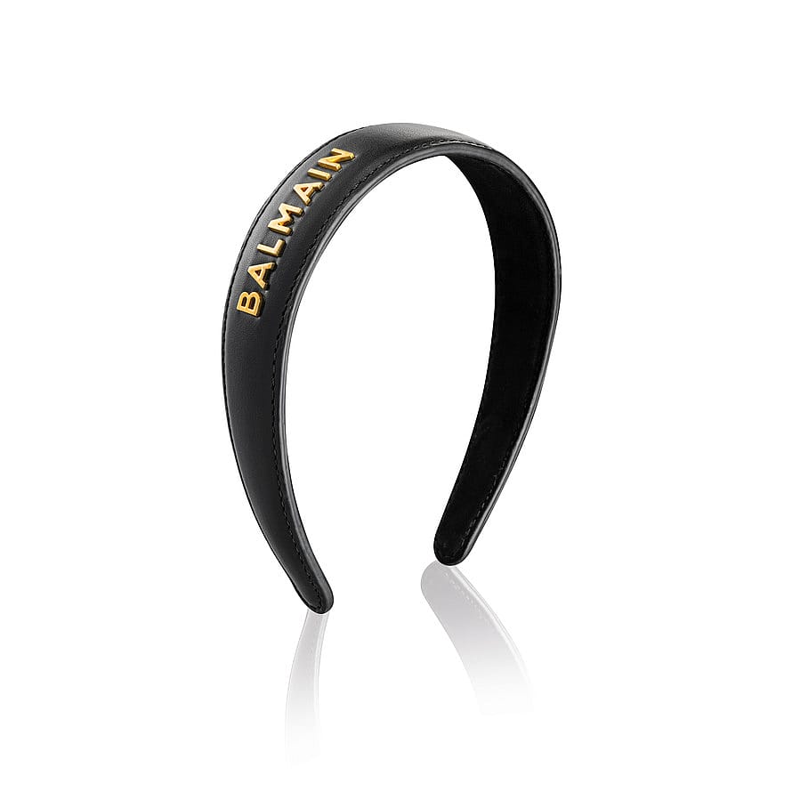 BALMAIN PARIS Hair Couture Cellulose Acetate Pince à Cheveux Black Leather Headband With Gold Plated Logo