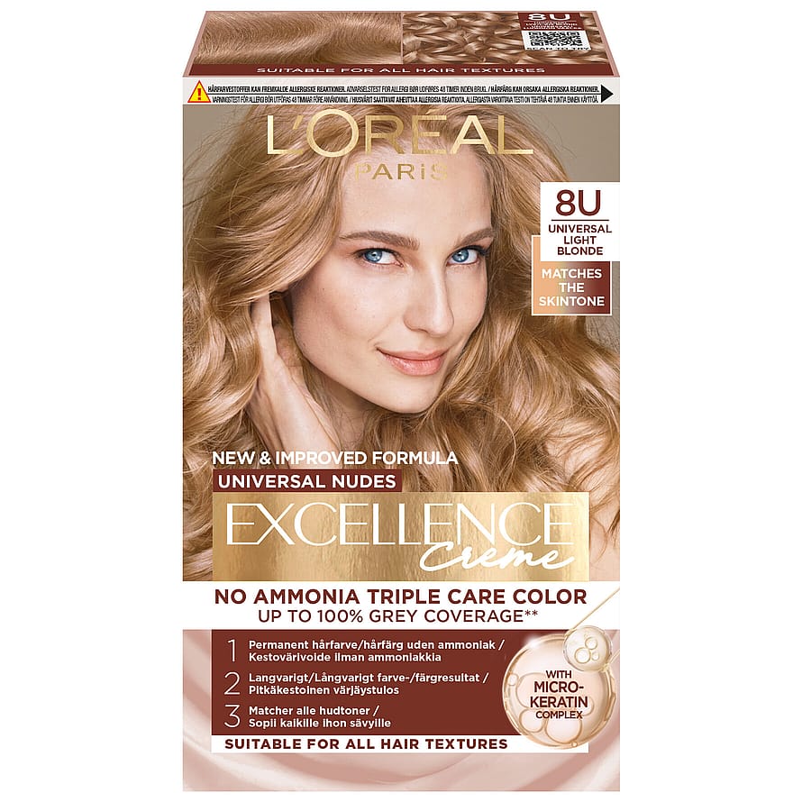 L'Oréal Paris Excellence Universal Nudes Permanent Hårfarve 8U Universal Light Blonde