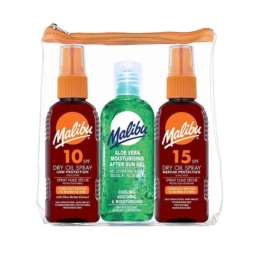 Malibu Travel Essentials, Dry Oil Sprays and Soothing Aloe Vera Aftersun Gel, Medi 3 x 100 ml