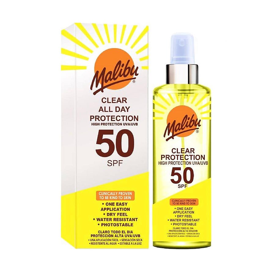 Malibu SPF 50 Clear Spray Sunscreen, High Protection, Dry Feel, Water Resistant 250 ml