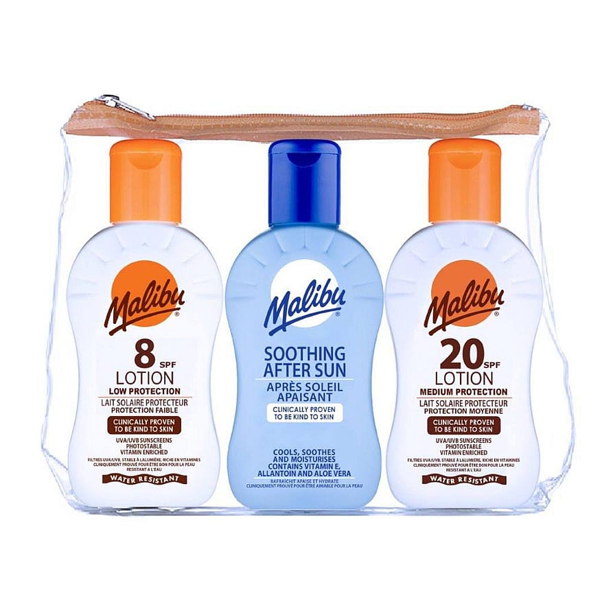 Malibu Travel Essentials, Sun Lotion and Soothing Aloe Vera Aftersun Lotion, Low t 3 x 100 ml