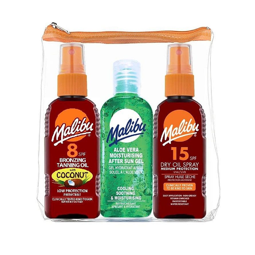 Malibu Travel Essentials, Dry Oil Sprays, Bronzing Tanning Oil and Soothing Aloe V 3 x 100 ml