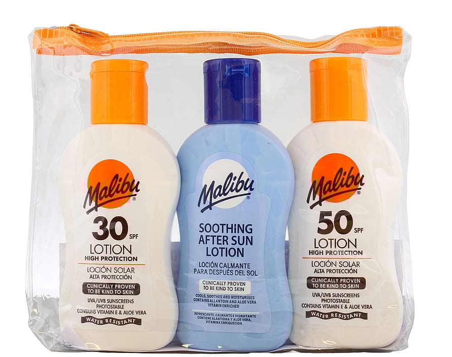 Malibu Travel Essentials, Sun Lotion and Soothing Aloe Vera Aftersun Lotion, High 3 x 100 ml