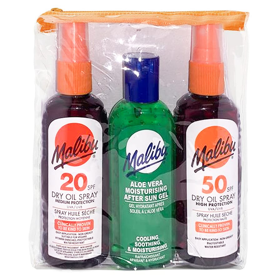 Malibu Travel Essentials, Dry Oil Sprays, Bronzing Tanning Oil and Soothing Aloe V 3 x 100 ml